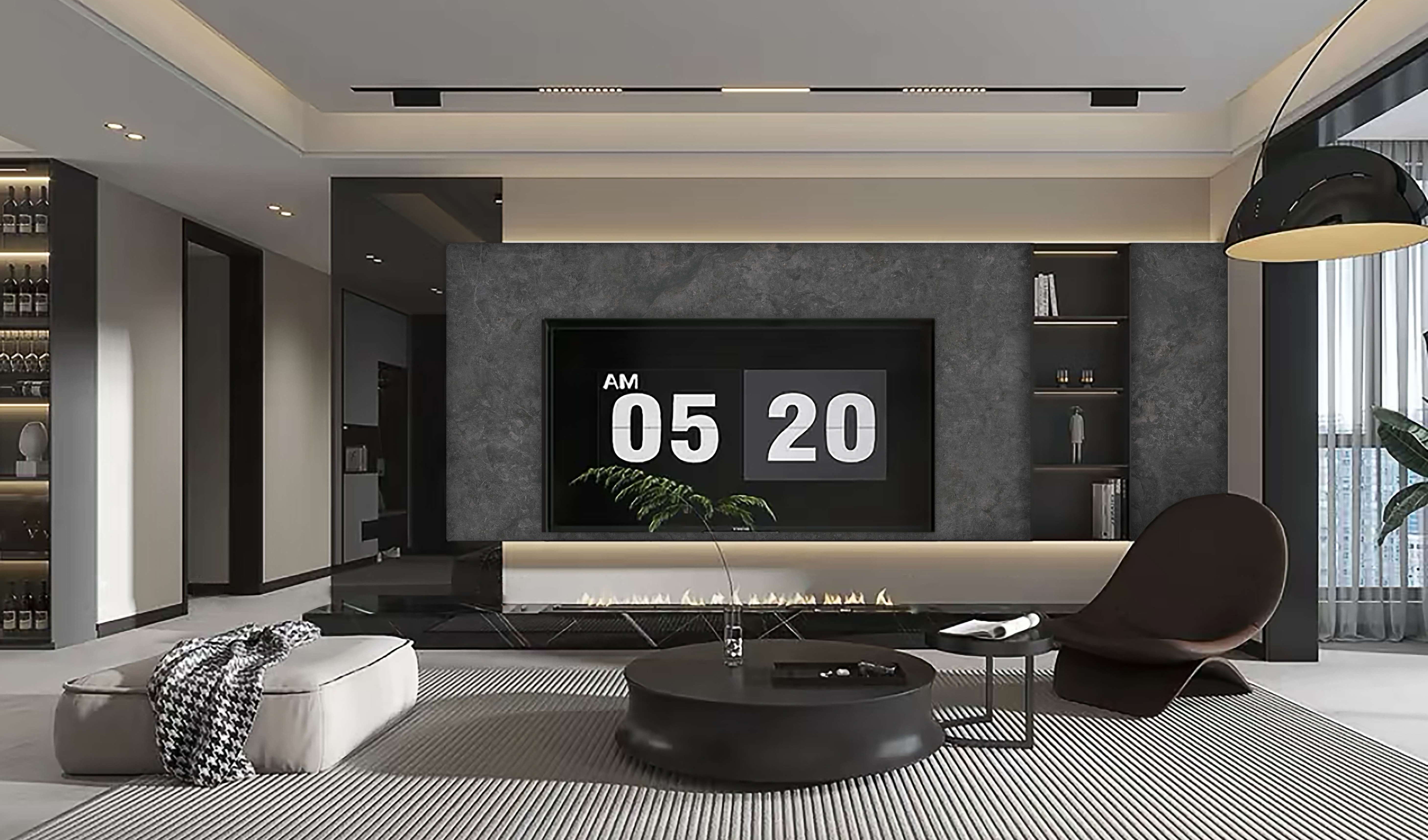 Danqing Ink Cloud Grey rendered in a TV backdrop wall setting