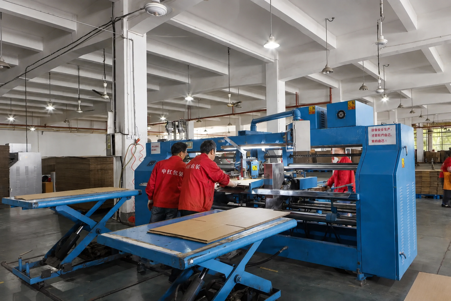 Workers operating cardboard box production equipment at Shenhong